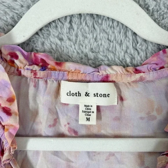 Anthro Cloth & Stone Ruffle Neck Button Down Blouse Size M Pink Abstract Floral - Picture 6 of 8